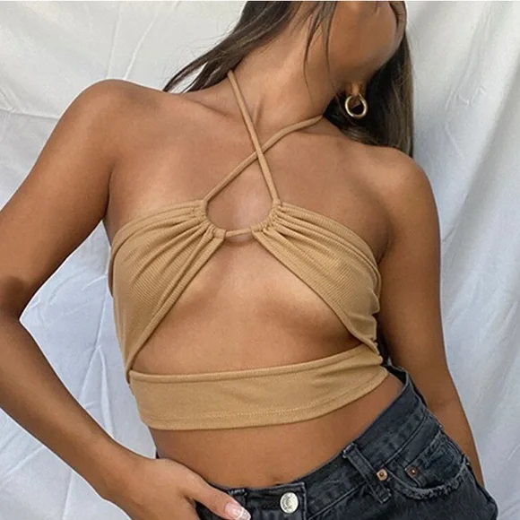 camel ribbed cutout top - Picture 1 of 4